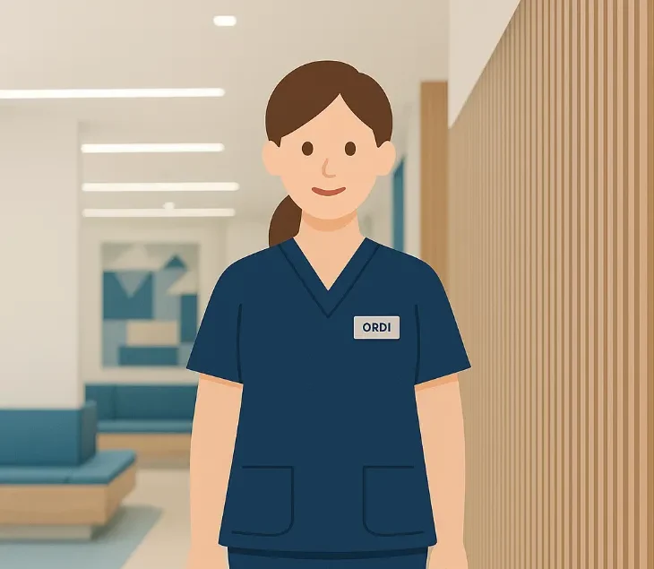 Illustration einer Ordinationsassistentin in blauer medizinischer Kleidung im Gesundheitszentrum Millennium Med